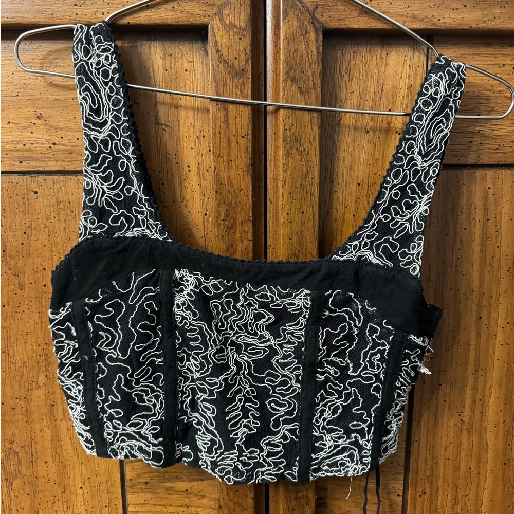 Free People Elegant Black and White Women's Zip Up Corset Embroidered Tank Top